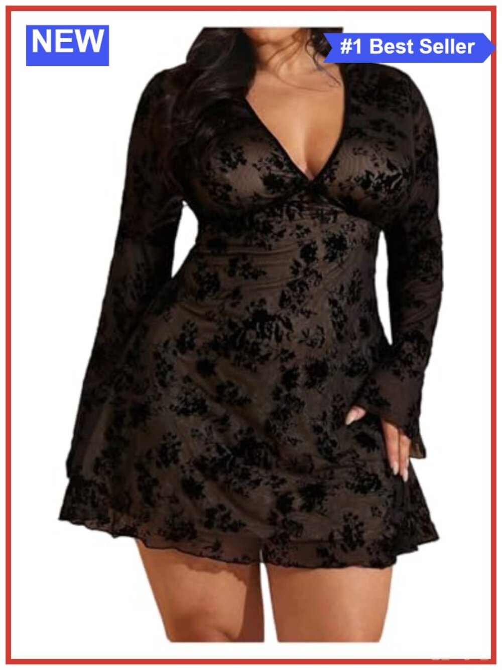 Women's Plus Size A-Line Mini Dress Bell Sleeve V-Neck Casual Party Dress